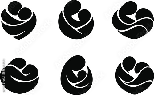 Set of six black silhouette icons representing mother and child love and embrace abstract logo symbols