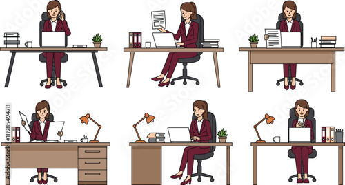 Business Woman Office Work Illustration Set Showing Female Employee at Desk Using Laptop Paperwork and Professional Corporate Workplace Activities