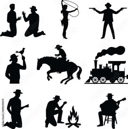 Wild west cowboy silhouettes illustration set, western people actions, outlaw scenes, vintage america frontier lifestyle, black isolated vector collection