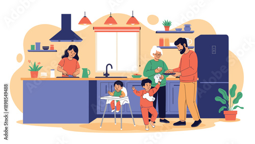 Happy family with grandparents and small children having fun together in a modern kitchen while preparing a healthy meal for a lovely dinner at home.