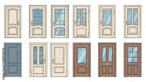 Comprehensive collection of modern interior and exterior doors with different designs, colors, and glass inserts for house renovation and planning.