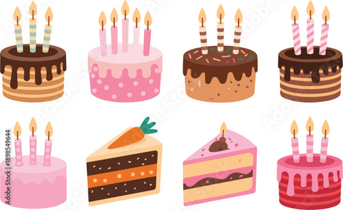 Cute Birthday Cake Vector Set  Layered Cakes, Slices & Candles
