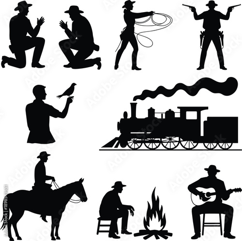 Wild west cowboy silhouettes set, western lifestyle actions, outlaw figures, horse riding, steam train, campfire music, vintage frontier illustration