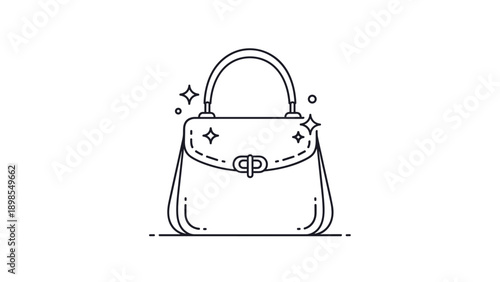 Simple outline illustration of a stylish luxury handbag with sparkles representing cleanliness and high-quality fashion accessories for modern women.