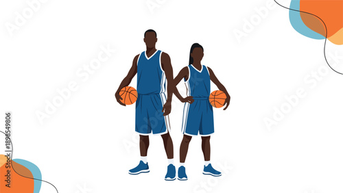 Male and female basketball players standing together in blue uniforms holding basketballs against an abstract background with colorful shapes.