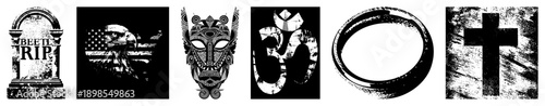 Distressed graphic symbols including tombstone, eagle, mask, om, ring, all in high contrast black and white with gritty texture, ideal for tattoo or apparel art.