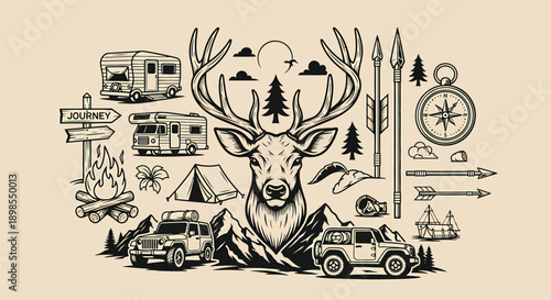 Illustration of Deer Head with Camping Gear.