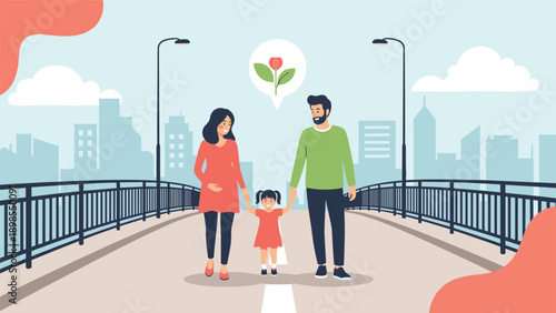 Happy family with a small child walking on a bridge in the city, with a thought bubble of a flower representing nature and growth in urban life.