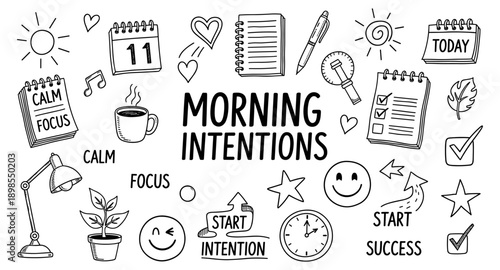 Morning intentions doodle art with icons for planning, productivity, and well-being