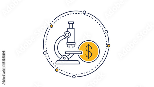 Scientific research funding concept showing a microscope and a gold dollar coin inside a circular frame with chemical dots and connecting lines.