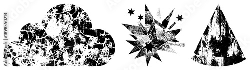 Distressed black and white cloud, star explosion, and party hat with halftone texture, vector graphic, isolated elements, design assets.
