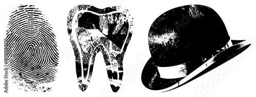 Grunge style vector fingerprint for identity, tooth for dentistry, bowler hat for vintage fashion., textured, isolated elements.
