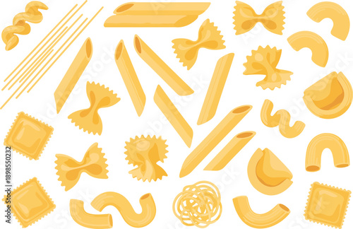 Italian Pasta Shapes Outline Icon Set  Spaghetti, Penne, Farfalle, and More