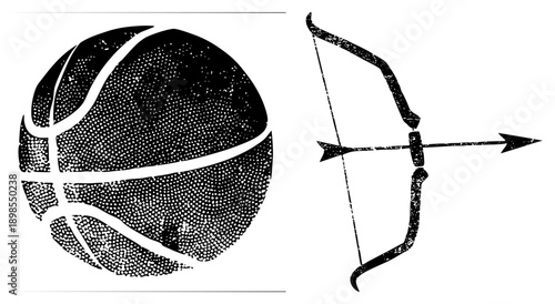 Vintage halftone basketball with seams and bow and arrow silhouette, vector graphics, sports symbols, athletic, stylized athletic equipment.