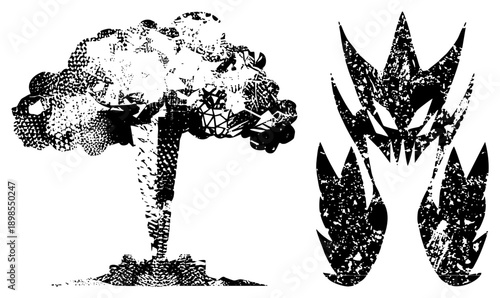 Stylized tree with textured canopy and dragon head with flame wings, halftone, black and white vector, graphic design elements, creature, nature motif.