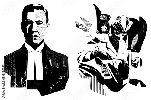 Legal figures rendered in halftone style, judge in robe and jury in formal attire, courtroom scene, legal proceedings, judicial system, black and white vector illustration.
