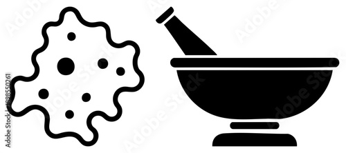 Microscopic germ illustration, lab tool symbols, medical research, microbiology tools, scientific equipment, pathogen graphic, labware.