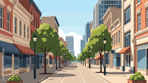 Perspective view of a quiet city street with rows of old buildings, green trees, and classic lampposts under a clear blue sky in flat vector style.