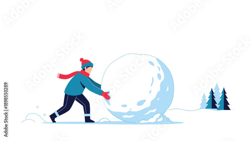 Active man in winter clothes rolling a giant snowball in a snowy landscape with pine trees, representing winter outdoor fun and seasonal activity.