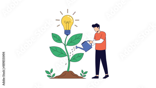 Concept of nurturing ideas showing a man watering a plant that grows into a bright glowing lightbulb, representing innovation and personal growth.