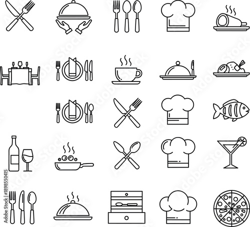 Restaurant icon set with chef hat crossed cutlery cloche wine and steaming food icons for fine dining menu design vector.