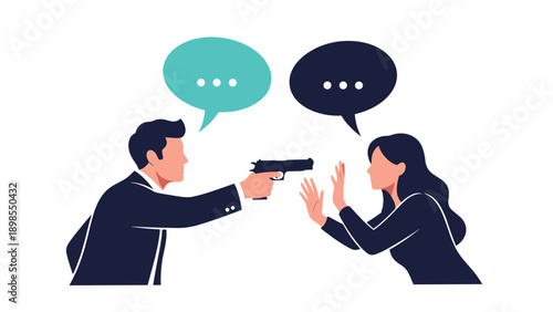 Man in a business suit pointing a gun at a woman while they both have speech bubbles, representing a conflict, crime, or a tense dramatic dialogue.