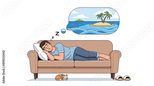 Tired man sleeping on a sofa while dreaming about a tropical island vacation, with a small cat sleeping peacefully underneath the living room couch.