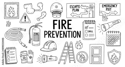 Collection of hand-drawn icons representing fire prevention and safety measures