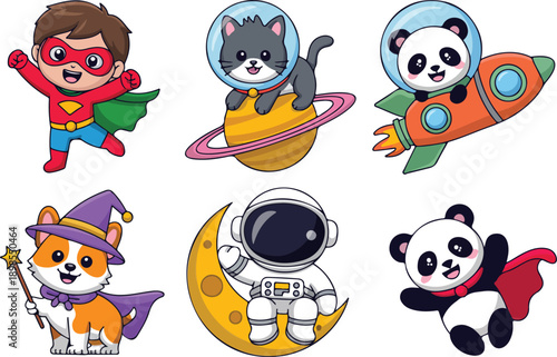 Cute Superhero Kids Outline Character Set  Space Animals and Little Heroes