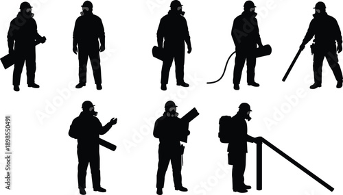 Construction workers handling hazardous materials with protective gear, fumigation and decontamination process, industrial safety training concept, cad drawing flat vector illustration