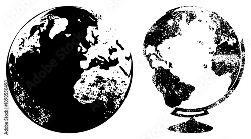 Vintage halftone globes with distressed textures, world map, geographic representation, educational or travel themed vector graphics.