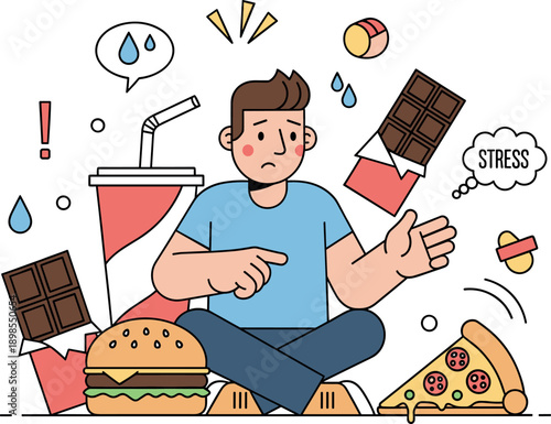 Stress eating concept with worried man surrounded by fast food junk food and chocolate for emotional dieting and mental health vector.