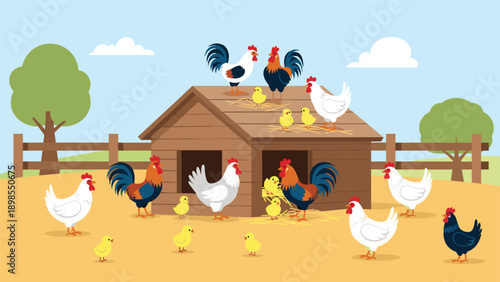 Rural farm yard scene with many chickens, roosters, and small yellow chicks gathered around a wooden coop on a sunny day with green trees and hills.