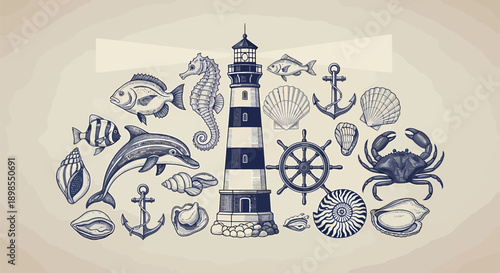 Nautical Symbols Lighthouse Anchor Sea Life.
