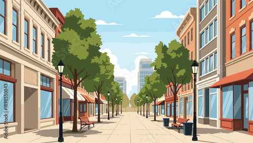 Urban street view with perspective, featuring historic buildings, green trees with benches, and modern skyscrapers in the distant background sky.