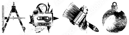 Compass, cassette tape, paintbrush, ornament distressed vector, retro tech and art tools, gritty texture, design, creative assets.