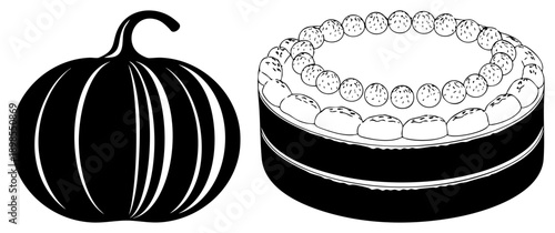 Halloween pumpkin with vertical stripes, round cake topped with berries, minimalist art, festive dessert, autumn, holiday graphic.