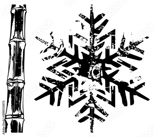 Black and white vector illustration of bamboo stalk and snowflake, graphic art, winter theme, design, isolated elements, artistic texture.