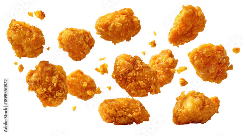 Crispy fried chicken pieces floating in the air on transparent background