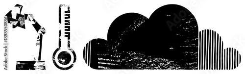 Graphic symbols for weather conditions, thermometer measuring heat, cloud with varied textures, vector design, isolated for UI.