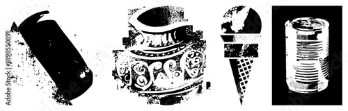 Retro styled halftone vector graphics featuring soda can, decorative vase, ice cream cone, and metal can, rendered in high contrast black and white with grainy texture.
