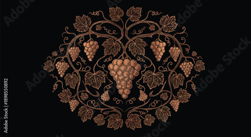 Ornate Grapevine Design with Leaves and Grapes.