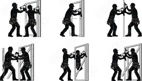 Construction workers installing door frame step by step, teamwork drilling and alignment process, industrial labor collaboration, cad drawing flat vector illustration