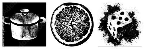 Vector halftone illustrations cooking pot, citrus section, dice with splatter. Black and white, stylized, isolated elements for design use.