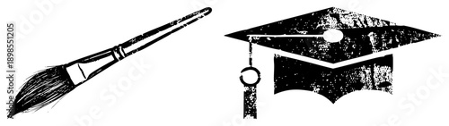 Brushstroke tool and academic cap, creative education symbols, artistic expression and academic achievement, vector design, isolated graphic elements.