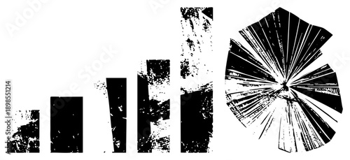 Distressed bar chart graphic with splintered glass symbol, data visualization, infographic element, design, urban aesthetic, statistical representation.