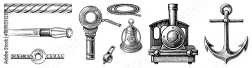 Historical maritime hardware including anchor, engine, whistle, bell, rope, and Schlemm’s Canal marker, engraved art, nautical equipment, canal infrastructure.