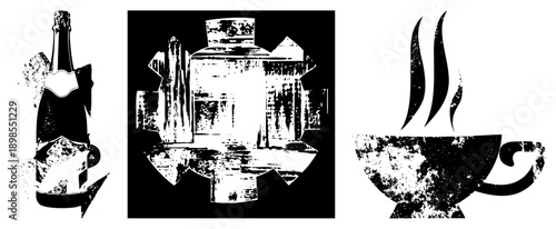 Art Deco style coffee pot, champagne bottle, mug, stylized beverage, graphic design elements, vector art.