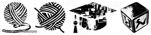 Black and white halftone graphic set featuring yarn skein, graduation cap, and alphabet block toy, stylized with textured and isolated vector elements.