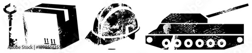 Grunge style vector of key, shipping box, hard hat, and tank, isolated on transparent background, gritty texture, bold, industrial safety and logistics symbols.